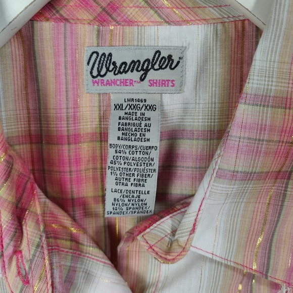Wrangler Womens Plus XXL Sleeveless Plaid Lace Western Shirt Pink Metallic NEW - Picture 5 of 9
